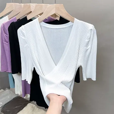 v领冰丝针织衫女2023春夏秋新款修身打底衫外穿泡泡袖中袖薄T恤潮商品大图