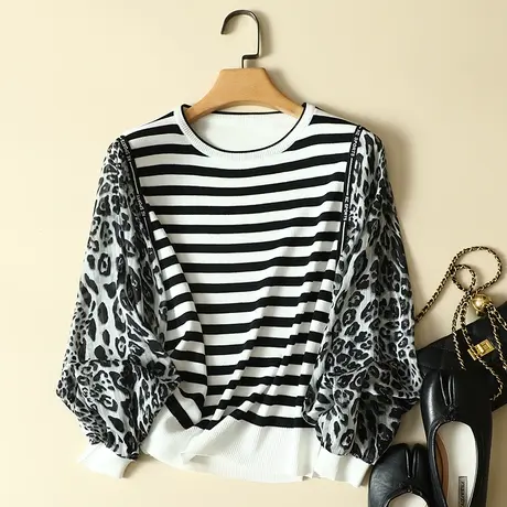 秋装2023年新款雪纺长袖冰丝针织衫女洋气上衣宽松毛衣条纹打底衫图片