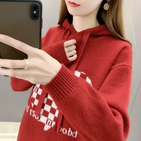 爱心提花连帽毛衣女2023年新款套头夹色针织衫洋气外穿长袖帽子衫图片