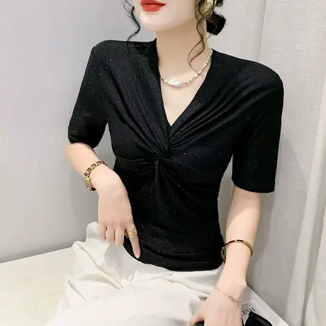 2023夏装新款性感V领气质T恤女短袖别致紧身小衫设计感网红上衣潮商品大图