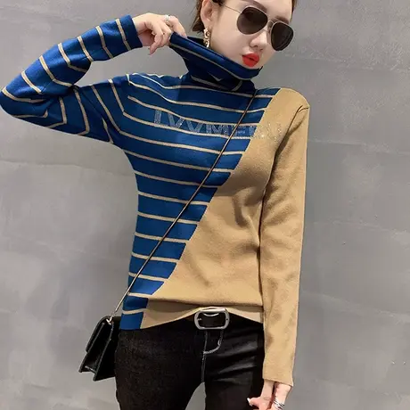 加绒高领毛衣女套头2023秋冬新款内搭洋气针织衫拼色条纹打底上衣图片