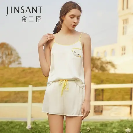 金三塔真丝圆领吊带短裤睡衣套两件套爱心装饰蚕丝可外穿家居服图片