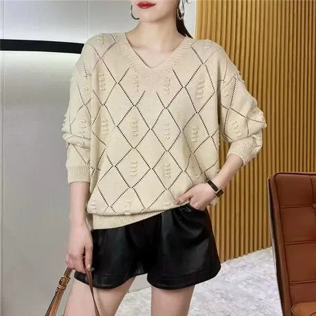 秋季新款女士镂空v领薄款针织打底衫2023年大码爆款上衣洋气百搭商品大图