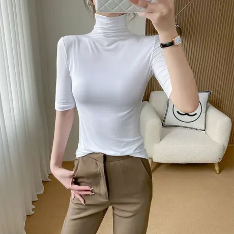 莫代尔高领中袖t恤女夏季白色百搭显瘦上衣新款气质外穿五分袖潮商品大图