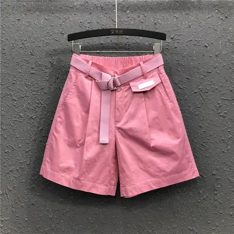 粉色工装五分裤女春夏新款欧货个性休闲高腰宽松显瘦阔腿短裤热裤图片