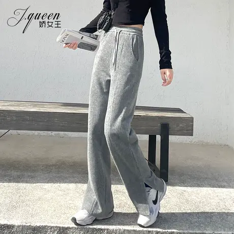 灯芯绒阔腿裤女长裤秋冬加厚款休闲显瘦松紧腰开叉雪尼尔加绒裤子商品大图