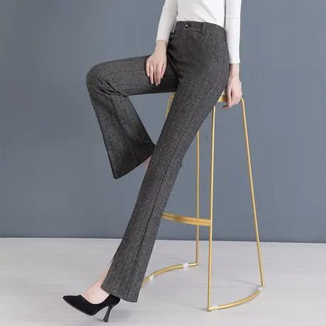 人字纹毛呢喇叭裤2023秋冬季新款中年微喇裤子开叉显瘦高腰西装裤图片