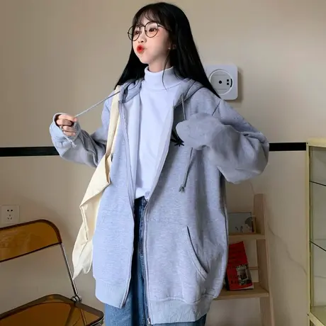 chic港味卫衣女秋冬加绒加厚宽松韩版潮ins上衣bf慵懒风开衫外套商品大图