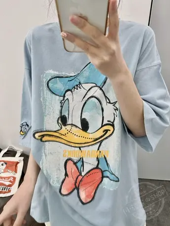 复古水洗2022新款宽松有型超舒服夏薄唐老鸭刺绣短袖T恤女上衣潮商品大图