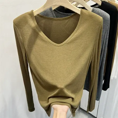 法式V领冰丝垫肩轻薄T恤女长袖2023年早秋新款上衣气质时髦防晒衫商品大图