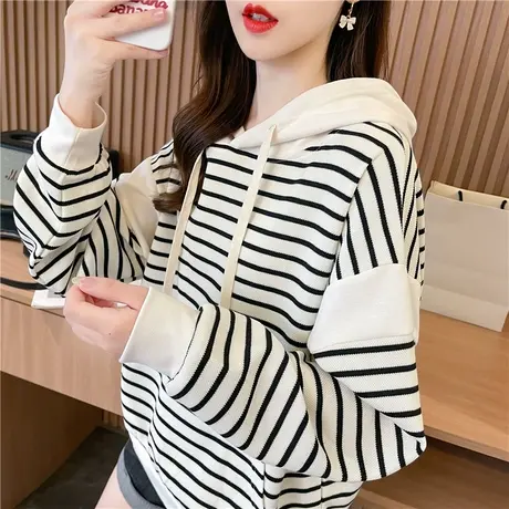 早秋连帽卫衣女2023新款春秋季韩版宽松初秋薄款条纹休闲短款外套图片