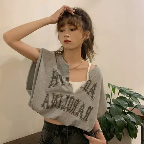 假两件无袖t恤女2021新款韩版宽松高腰短款露脐显瘦 上衣设计感夏图片