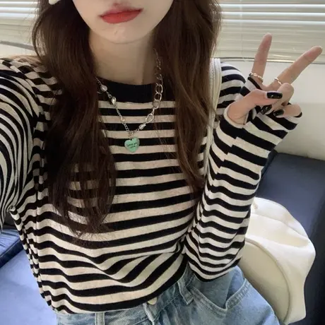 早秋条纹打底衫长袖t恤女春秋薄款2023新款内搭温柔韩系上衣正肩商品大图
