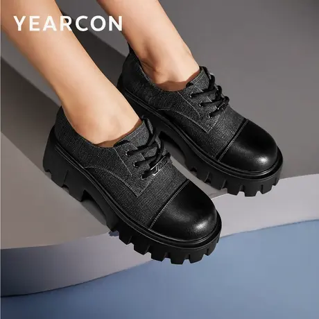 意尔康时尚厚底牛仔布单鞋女2023春秋款英伦风复古粗跟系带牛津鞋图片