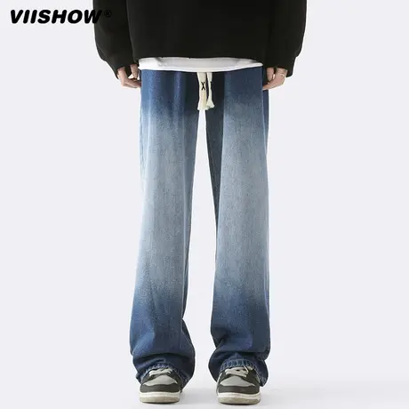 VIISHOW渐变垂感拖地休闲长裤子男士直筒阔腿蓝色牛仔裤潮牌宽松商品大图