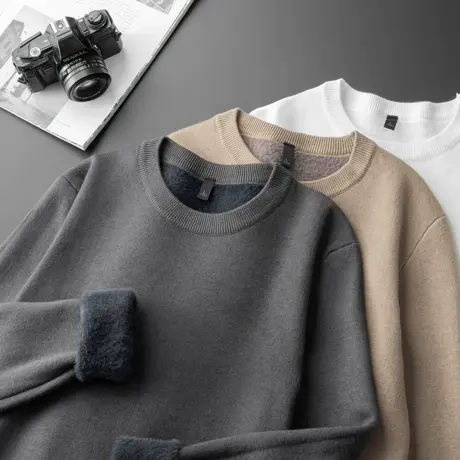 圆领加绒一体绒毛衣男冬轻商务休闲针织衫上衣修身加厚保暖打底衫商品大图