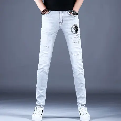 2023男士新款牛仔裤子简约灰色烫钻印花破洞小脚裤棉弹男潮牌百搭商品大图