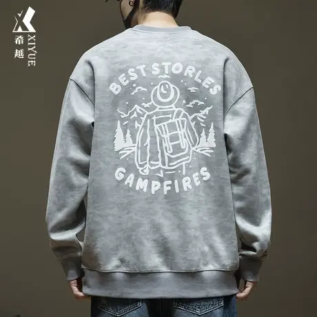 希越380克重磅麂皮绒卫衣男秋季后背字母印花宽松大码胖子打底衫商品大图