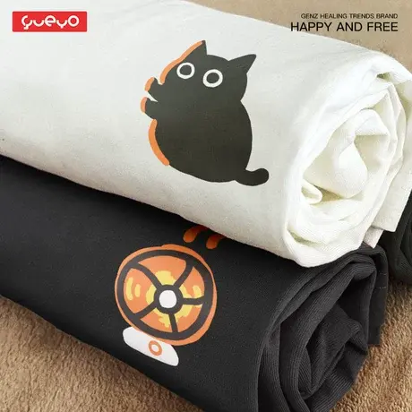 悦游 烤火黑猫 情侣短袖T恤猫咪卡通治愈情侣装日系风小众原创商品大图