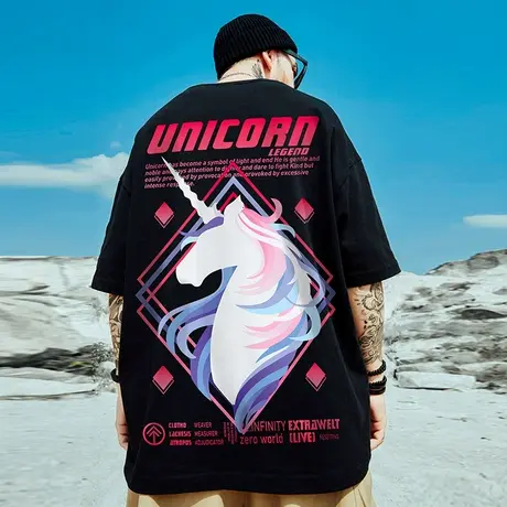 胖子短袖男潮国潮独角兽男装潮牌T恤宽松潮流加肥加大码情侣半袖图片