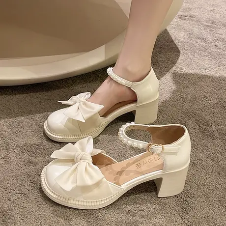 蝴蝶结珍珠包头凉鞋女2023夏季新款ins配裙子百搭仙女高跟罗马鞋商品大图