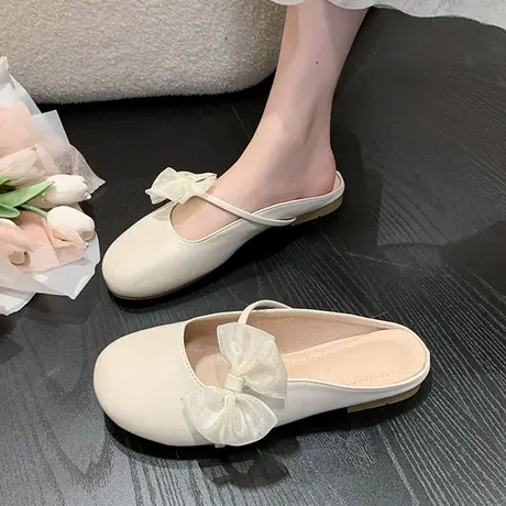 包头半拖鞋女夏外穿2023年新款仙女风蝴蝶结平底无后跟懒人凉拖鞋图片