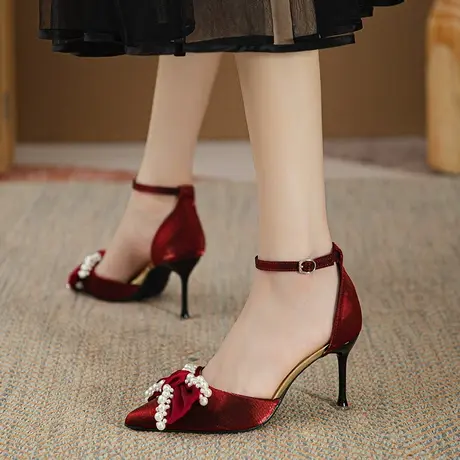 2023夏季新款尖头蝴蝶结珍珠高跟鞋女细跟性感一字带新娘结婚单鞋图片