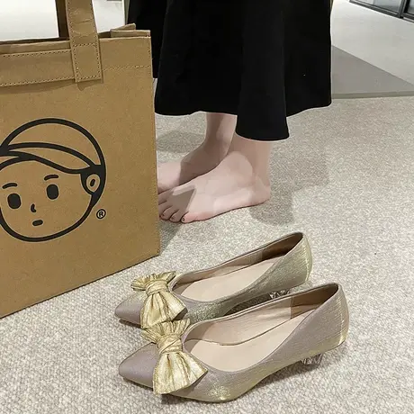 高跟鞋女2023秋季新款韩版气质配裙子甜美浅口尖头蝴蝶结粗跟单鞋图片