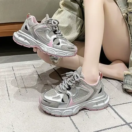 网红炸街老爹鞋女春2024新款银色厚底鞋子女鞋爆款百搭休闲运动鞋商品大图