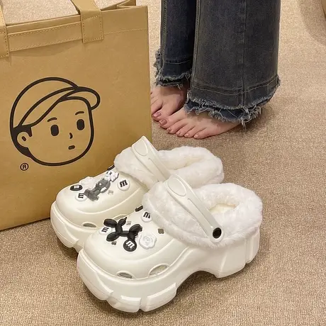 洞洞鞋女士冬季外穿卡通可爱加绒毛毛厚底增高两穿保暖包头棉拖鞋图片