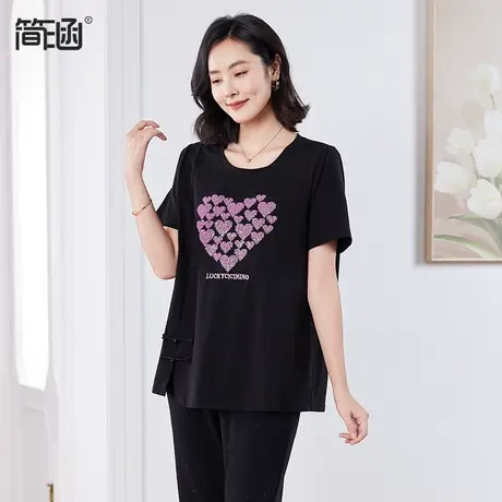 简涵大码女装2024夏季新款显瘦遮肚圆领刺绣胖mm正肩短袖T恤上衣商品大图