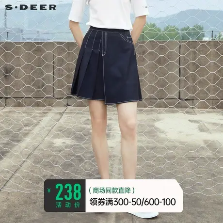 sdeer圣迪奥女装夏装学院风撞色不对称拼接百褶黑色短裙S22281311图片