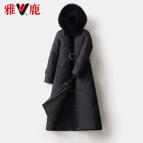 雅鹿黑色狐狸大毛领羽绒服女中长款2022冬季新款腰带保暖连帽外套商品大图