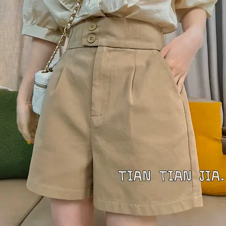 2023夏季新款卡其色两粒扣高腰休闲工装短裤女百搭气质时尚阔腿裤商品大图