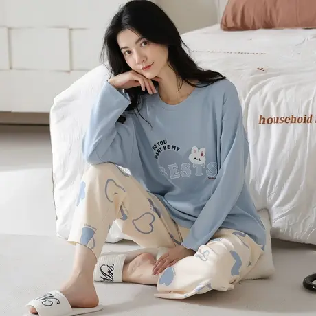 南极人纯棉睡衣女春秋季长袖2023年新款带胸垫薄款家居服套装夏天商品大图