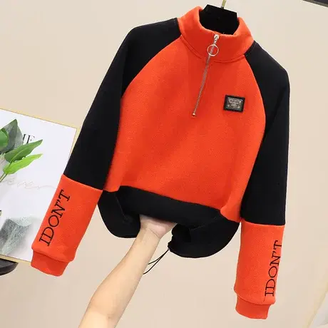 半拉链立领套头加绒卫衣女秋装2023新款韩版宽松撞色长袖外套上衣图片