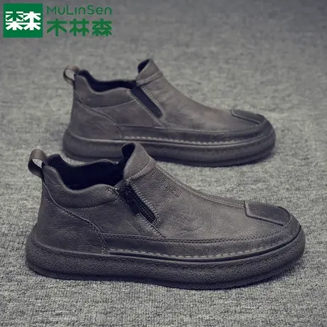 木林森男鞋秋冬季一脚蹬懒人豆豆鞋休闲皮鞋侧拉链马丁靴潮流板鞋商品大图