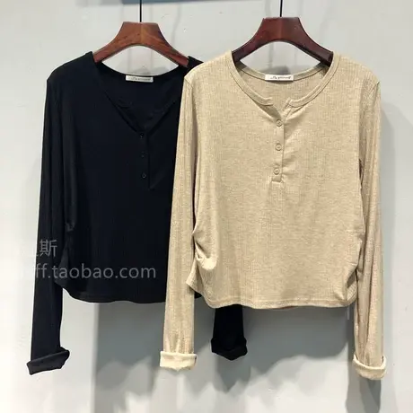 2023秋装韩国ulzzang新款纯色双侧抽褶宽松显瘦短款长袖T恤上衣女商品大图