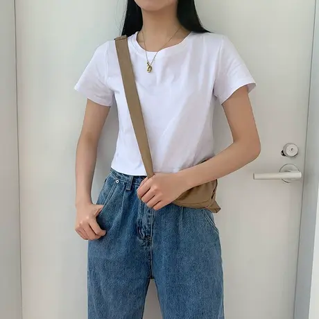 2023年春夏季新款女装设计感小众短款纯色上衣服ins潮白色短袖t恤商品大图