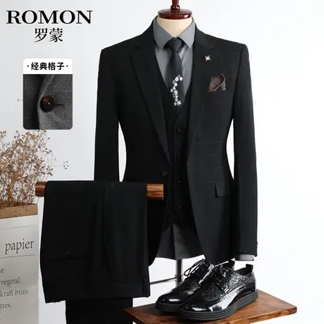罗蒙男士格子西服套装修身商务正装西装职业伴郎服新郎结婚礼服春图片