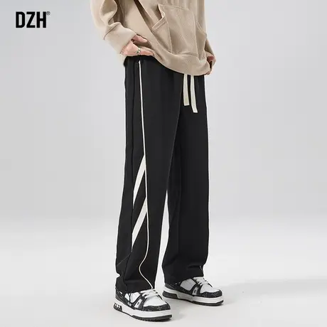 男士拼接裤子美式高街显瘦黑色直筒裤男秋季2023新款运动裤休闲裤商品大图