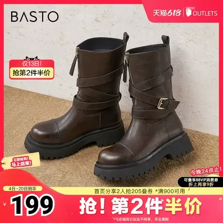 百思图冬季新款简约时尚通勤街头时装靴粗跟女中靴A0910DZ4图片