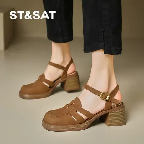 St&Sat/星期六罗马凉鞋女款2025新款夏季真皮粗跟猪笼鞋高跟女鞋商品大图