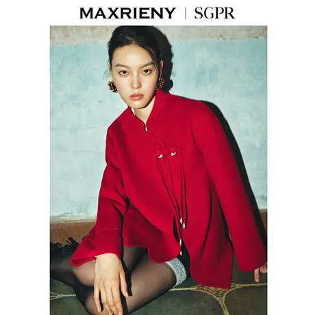 MAXRIENY贵雅新中式羊毛大衣女24秋新款盘扣红色外套高级气质感商品大图