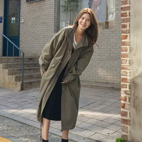 春秋新款工装风衣女中长款韩版宽松大码抽绳收腰显瘦时尚休闲外套图片