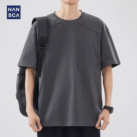 hansca 圆领透气短袖T恤男夏季薄款260g重磅水洗美式潮牌凉感上衣商品大图