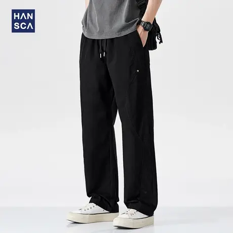 hansca黑色拼接纯棉休闲裤男2025新款春夏季薄款潮牌宽松直筒长裤商品大图