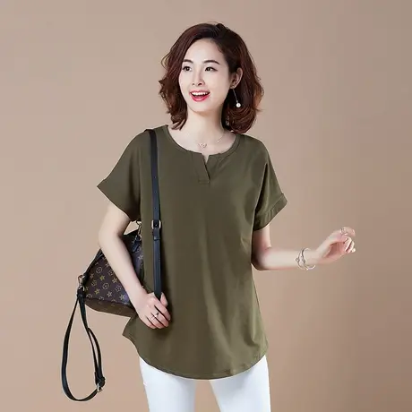 夏季加肥加大码女装短袖T恤宽松纯棉显瘦遮肚子中年妈妈体恤上衣商品大图