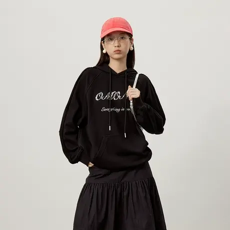 omont蛋挞家 银色珠片绣花连帽卫衣2025春季运动宽松休闲套头帽衫图片