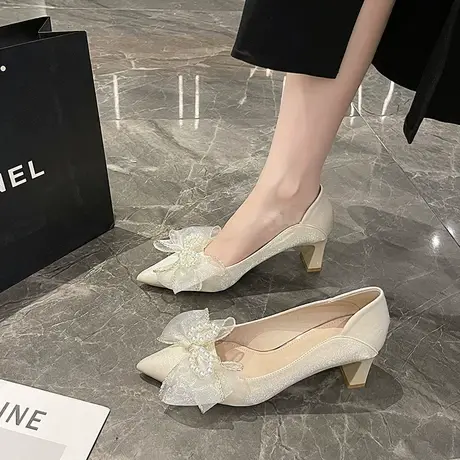 法式高跟鞋女2023年春秋季新款蝴蝶结气质温柔单鞋浅口尖头伴娘鞋商品大图
